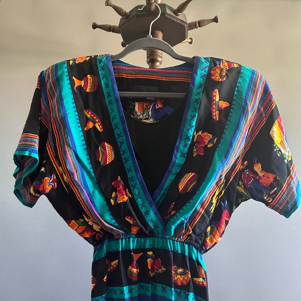 ✨ Vintage PHOEBE Petites Fiesta Print Dress – Southwestern Mexican Sombrero Scen - Picture 4 of 11